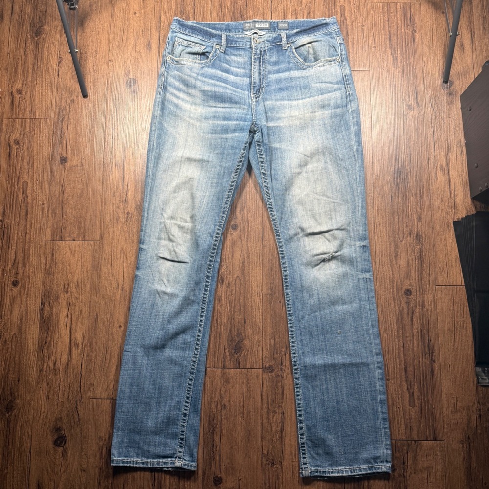 BKE Tyler Straight Leg Jeans Mens 38XXL 38x38 Blue Light Wash Denim Stretch Fade